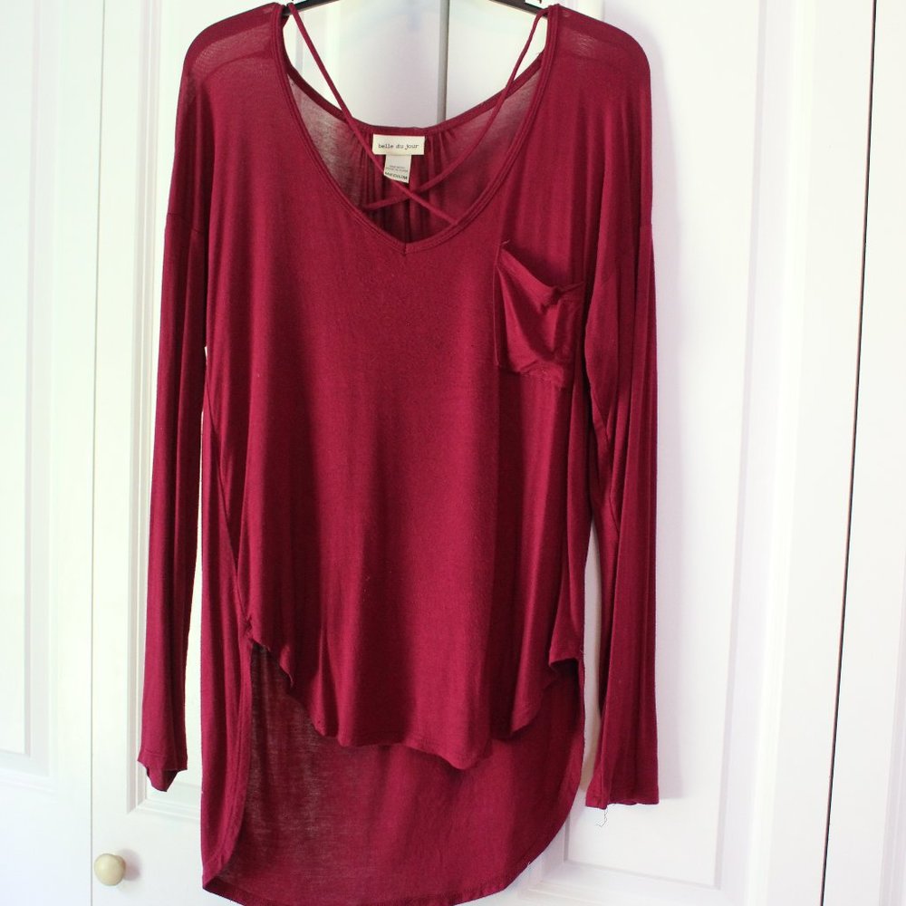 Belle du jour Maroon Long Sleeve Criss Cross Top Womens Size Medium